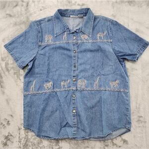 Vintage 90s Cabin Creek Denim Button Up Shirt Size L Blue Embroidered Animals